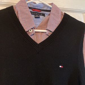 Mens small Tommy Hilfiger button shirt with matching navy vest medium.